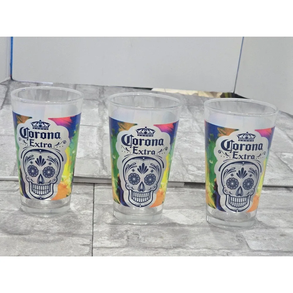 Corona Extra Cerveza Mexican Day Of The Dead Sugar Skull Pint Glasses (Set of 3)